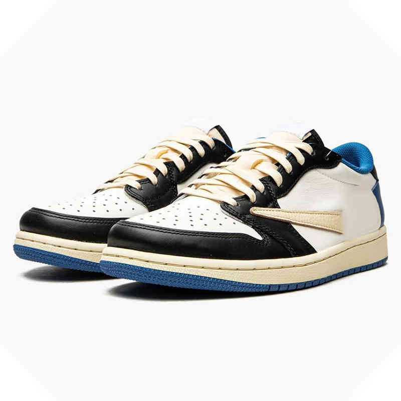 

Fragment Design Travis Scotts x Jumpman 1 Low OG Basketball Shoes White Military Blue Designer Sports Sneakers With Original Box, Sail/black-military blue-shy p
