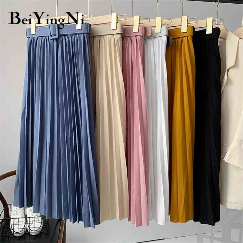 Beiyingni Women Pleated Midi Skirt High Waist Belt Korean Plus Size Spring Summer Casual Elegant Skirts Ladies Fashion Saia 210412Z