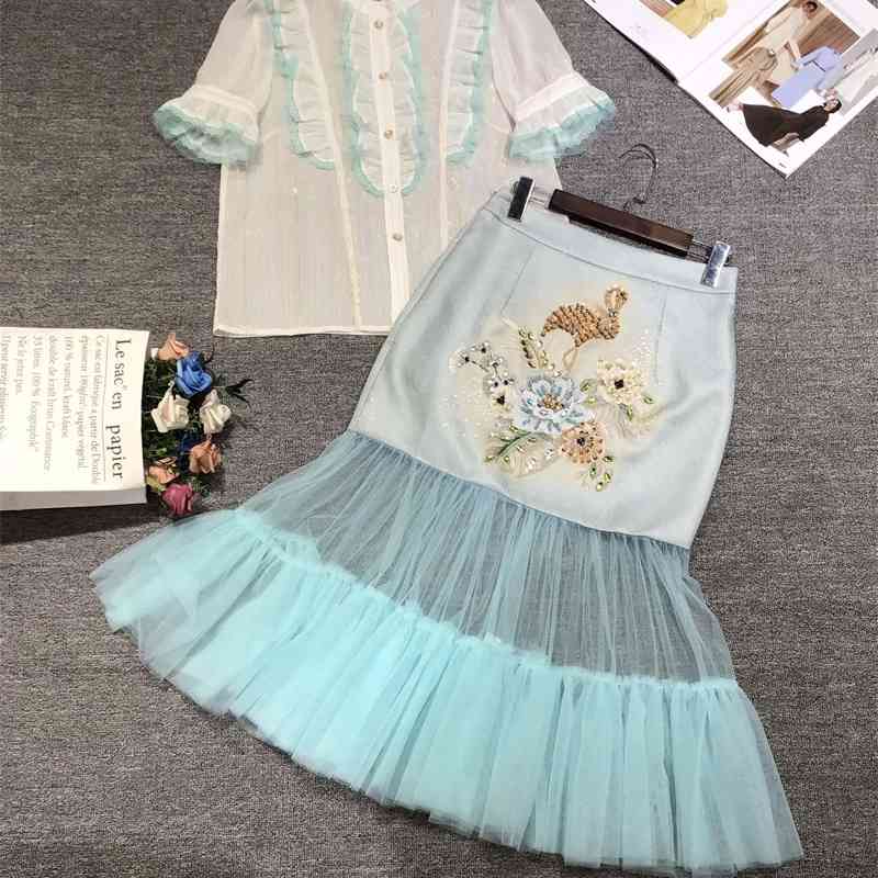 

Truevoker Lady Skirt Set High End Short Sleeve Ruffle Blouse + Luxury Crystal Diamond Blue Lace Mermaid Two Piece Suit 210602, Multi