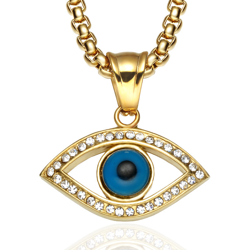 

Turkish Blue Eye Necklace Gold 316L Stainless Steel Evil Eyes Pendant Necklaces Chains for Women Fashion Crystal Rhinestone Mens Lucky Jewelry Birthday Xmas Gifts