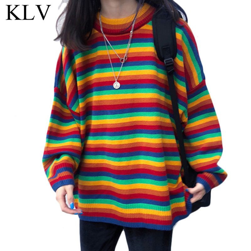 

Women Teens Autumn Long Sleeve Knit Sweater Korean Harajuku Rainbow Stripes Patchwork Loose Jumper Hip Hop Pullover Tunic Tops LJ200918, Beige