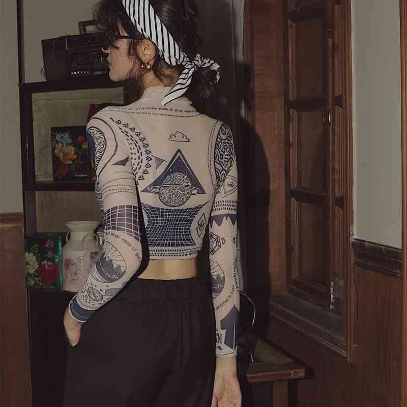 

Women's T-Shirt Tattoo Print Long Sleeve Crop Top Turtle Neck See Through T Basic Tshirt Street Fashion Tee Clothing H61S, Beige