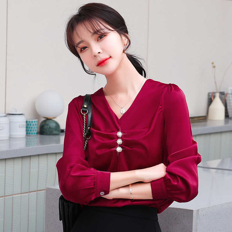 

Korean Silk Women Blouses Long Sleeve Shirts Top Woman V-neck Ladies Tops Plus Size Casual Satin Blouse 210604, Red