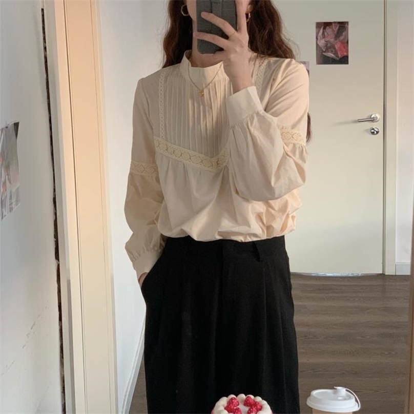 

Spring Blouse Sweet All-Match Casual French Female Retro Women Loose Pleated Shirts Solid Tops 210525, White