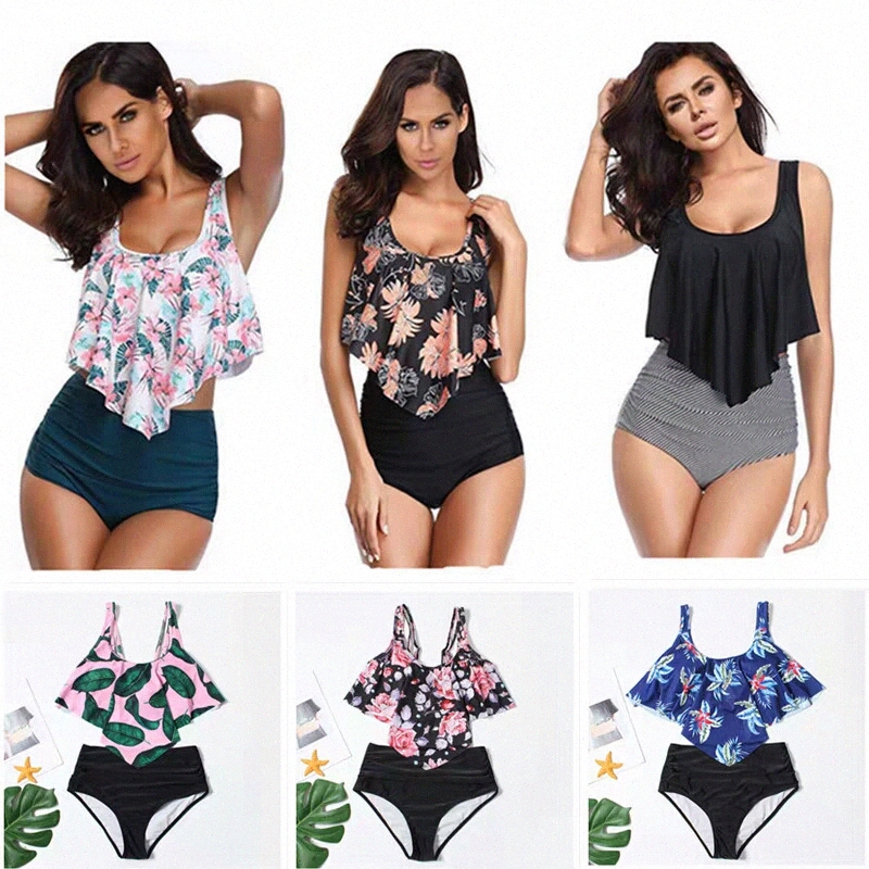 

Beach Swimwear Swimsuits Womens Bikini Two Piece Bathing Suits Ruffled Flounce Top High Waisted Bottom Tankini Sets s7GG#, White;black
