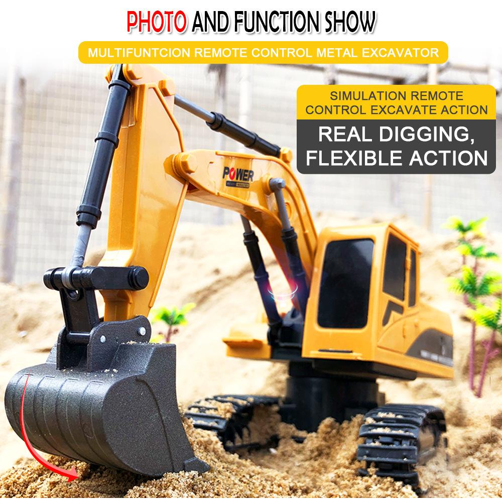 

1:24 6CH Metal Excavator Charging RC Car 270 Degree Rotation Alloy Bucket Remote Control Vehicle Sound Light Truck Model Kids Toys