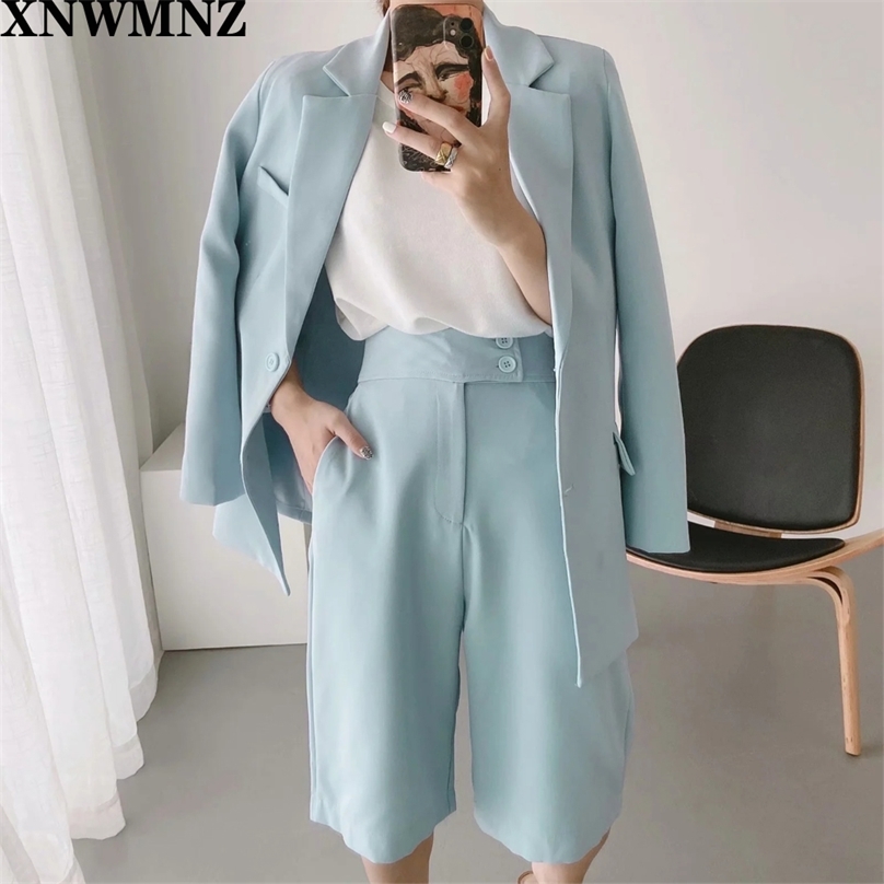 

Fashion wild pocket solid color suit jacket + high waist was thin and simple wide leg shorts two-piece female 210520, Picture color