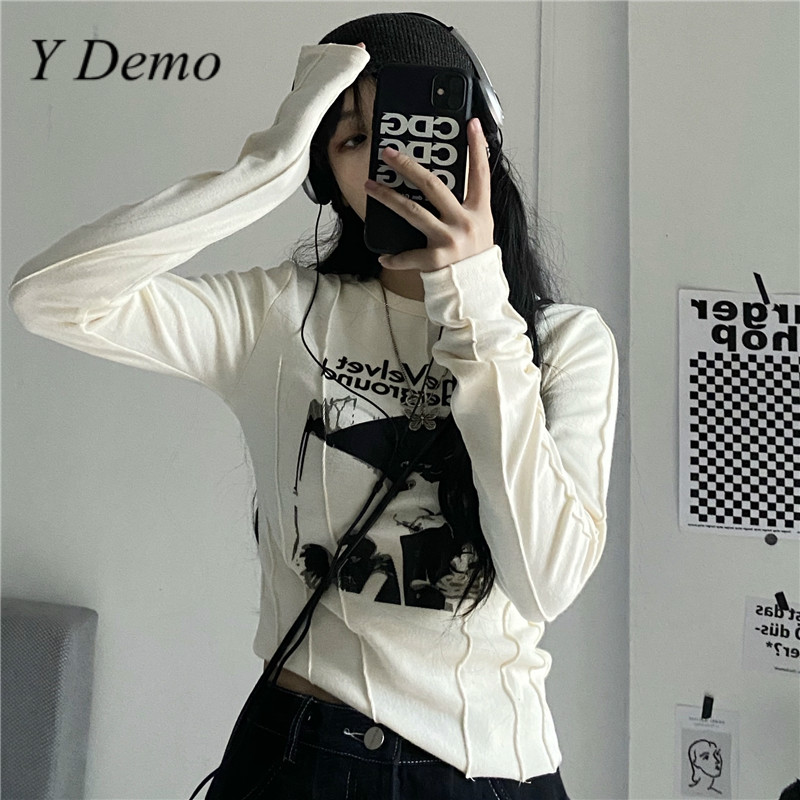 

Y Demo Casual Slim T-shirt For Women O Neck Long Sleeve Grunge Letters Print Female Fashion Clothing 2021, Gray