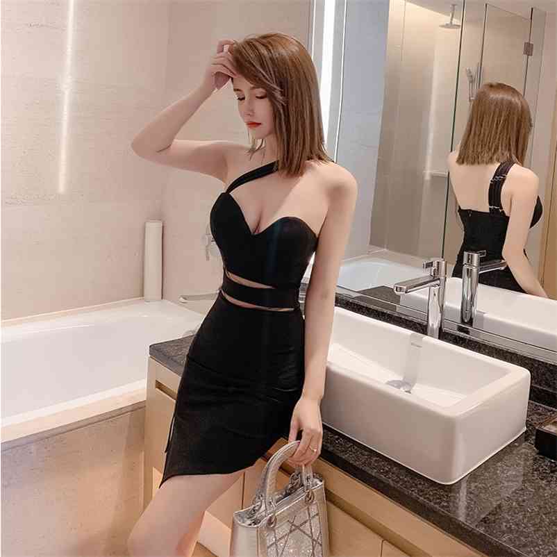 

Nightclub sexy one-shoulder tube top dress V-neck low-cut women's 210603, Black