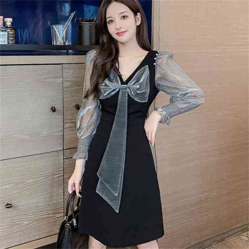 

Spring Women Hit Color V-Neck Bowknot Patchwork Beading Long Sleeve Dress es Elegant Slim Waist A-Line Mini Vestidos 210519, Photo color