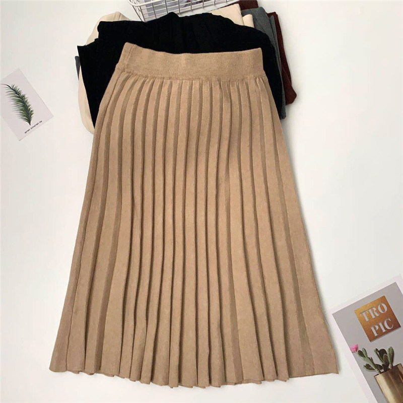 

Autumn Winter Knitted Pleated Skirt Women Solid Casual High Waist A Line Midi Female Office Lady 210520, Khaki