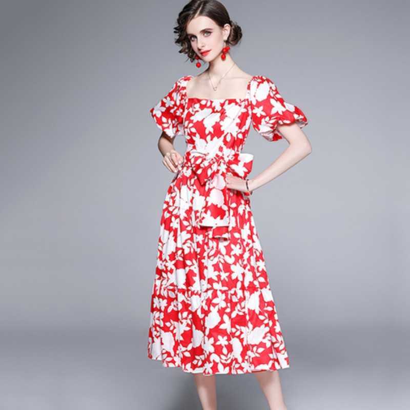 

Summer Red Floral Elegant Boho Midi Dresses Women Square Collar Puff Sleeve Vintage Belt Vacation 210526, Photo color