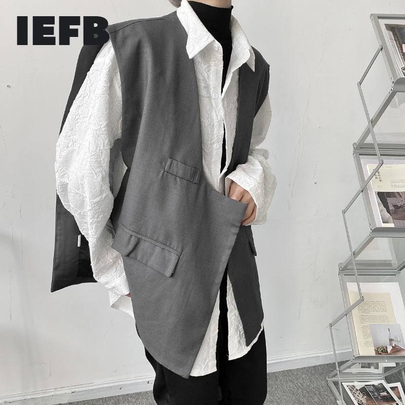 

IEFB Niche Design Men's Grey Vest Spring Summer Asymmetric Oversized Korean Streeetwear Loose Waistcoat Men 9Y7035 210524, Gray