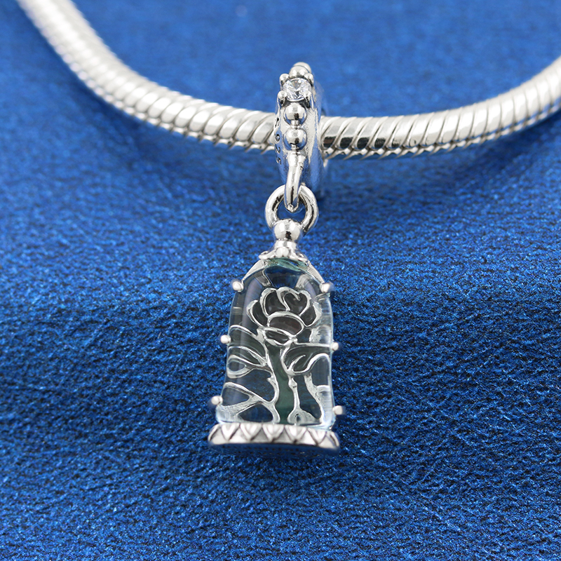 

Solid 925 Sterling Silver Beauty and the Bst Enchanted Rose Dangle Bead Fits European Pandora Charm Jewelry Bracelets