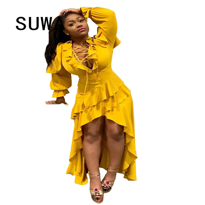 

Cascading Ruffles Sexy Irregular Bandage Dress Woman Drawstring Lace Up Long Sleeve Vestidos Autumn Front Short Back 210525, Yellow