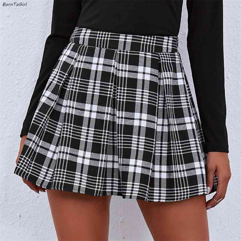 BornToGirl Women's Spring Summer Autumn Vintage High Waist Black White Gray Red Green Plaid Skirts 210412Z