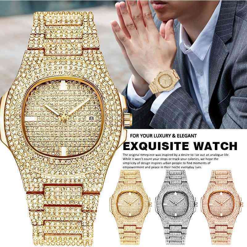 

Brand Iced Out Diamond Watch Quartz Gold Hip Hop Quartz Wristwatches with Micropave CZ Stainless Steel Watch Clock Relogio, Rose gold