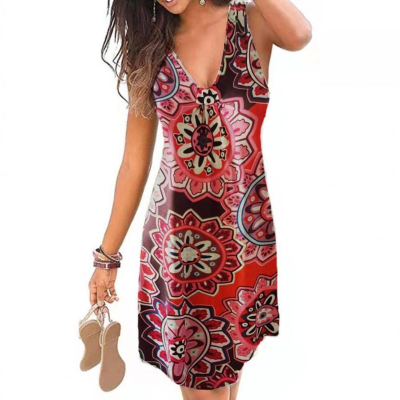 

Women's Swimwear Print Summer Women Dress 2021 Sexy Sleeveless V-Neck Beach Casual Mini Plus Size Tank Sundress Vestidos, Red