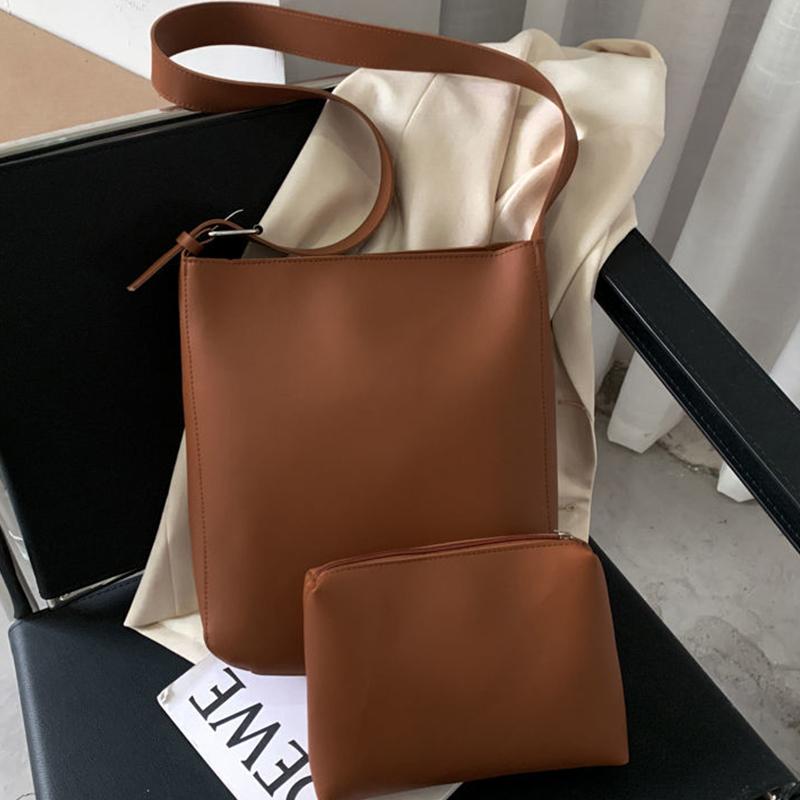 

Vintage Shoulder Bag For Women PU Leather Bucket Large Capacity Crossbody Simple Solid Color Lady Handbag Daily Pouch Cross Body, Brown only small bag