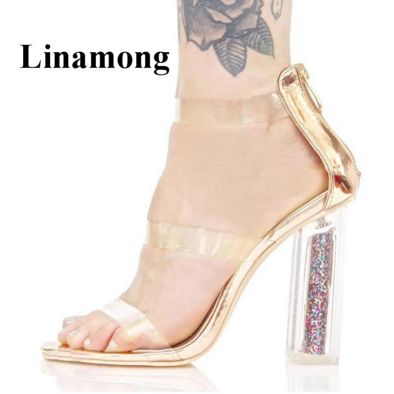

Transparent Chunky Heel Open Toe Rear Zipper Fashion Summer High Women Sandals Quality Normal Size, As picture