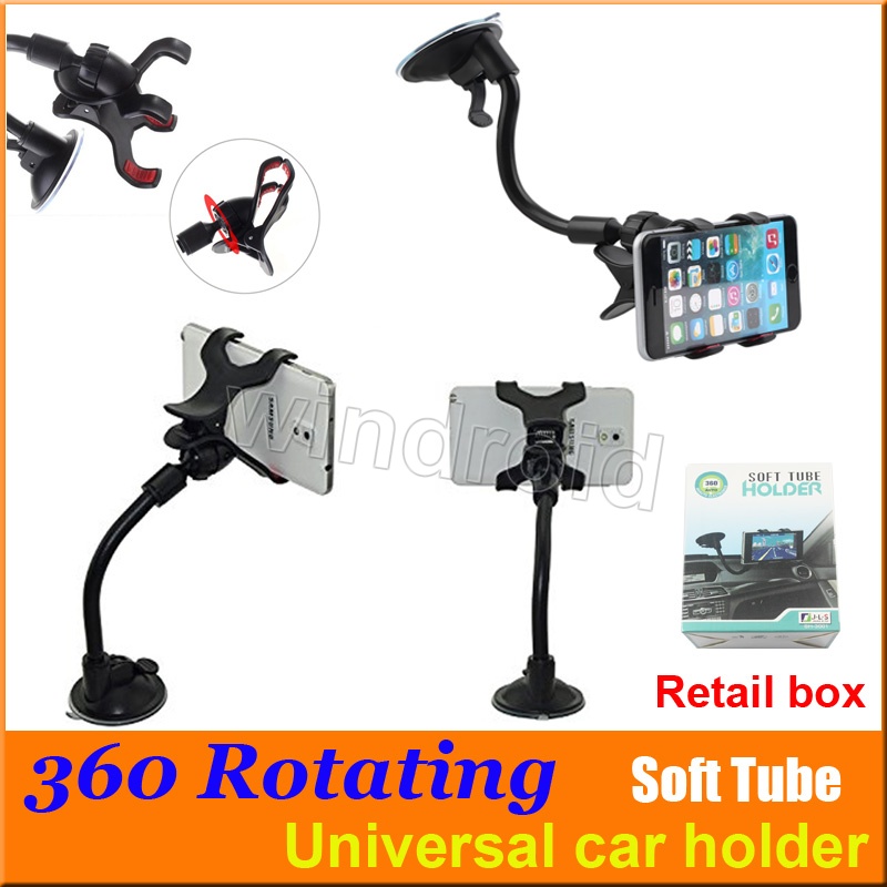 

360 Degree Long Arm lazy Universal Car soft tube Suction Mount Bracket Holder Double V Clip for iPhone 7 i7 note5 mobile phones + retail box, Black