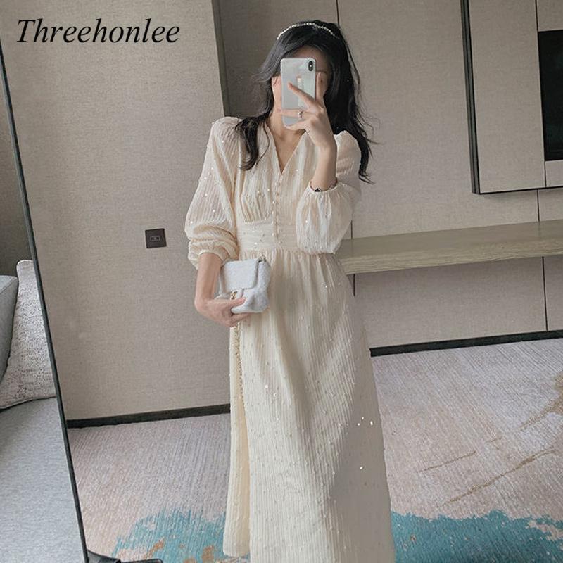 

Casual Dresses Women Korean Puff Sleeve Midi Dress 2021 French Vintage Designer Sequins Elegant Fairy Spring Wedding Party Female Clothes, As picture