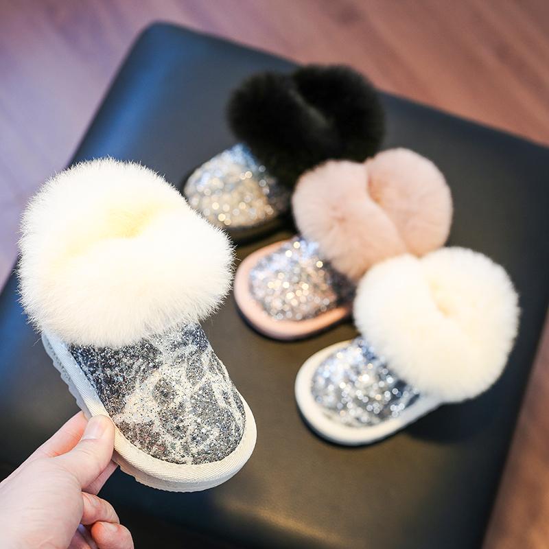 

Boots Baby Girls Snow 2021 Winter Infant Toddler Shoes Soft Bottom Plush Outdoor Children Cotton Sequins Kids, Black;grey