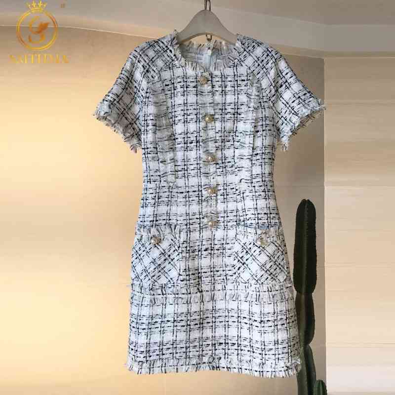 

Arrival Winter Runway Short Sleeve Plaid Tweed Dress Autumn Chic Women Elegant Vintage Casual Woolen Dresses Vestido 210520, Photo color