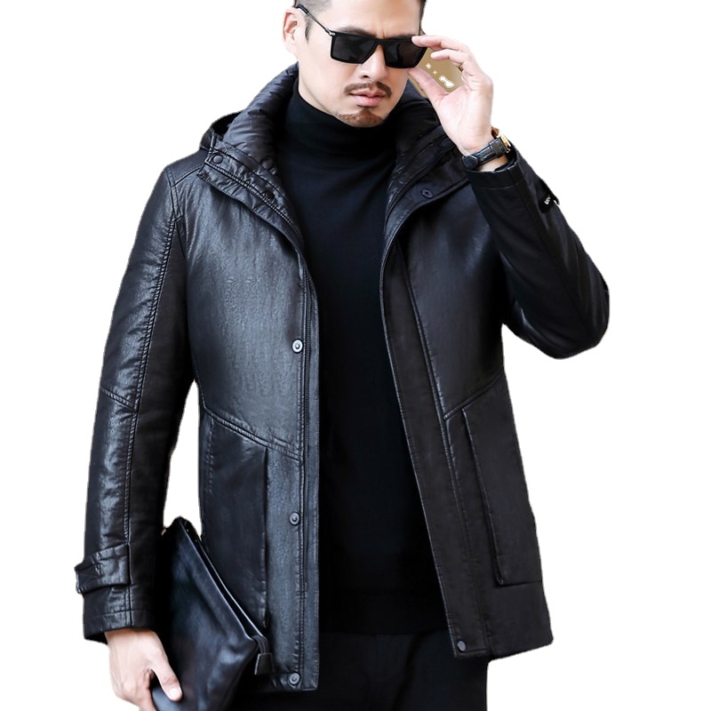 

Winter men's leather down jacket large medium long loose hooded down thickened jacket dad fashion, Black;brown