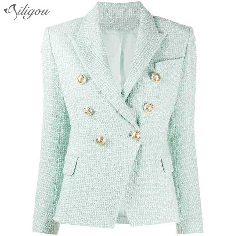 

Tweed Mint Green Blazer Ladies Summer Jacket Coat Slim Office Business Double-breasted Woven Wool 210525, Sky blue