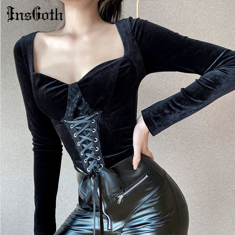 

InsGoth Vintage Lace Black T Shirt Goth Aesthetic Long Sleeve Velvet T-shirt Women Harajuku Sexy Slim Bandage Long Sleeve Tops