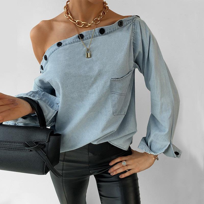 

Women' T-Shirt 2021 Spring And Summer Denim T-shirts For Streetwear Fashion Patchwork Design Button Decor Slash Neck Long Sleeve Casual Top, Light blue