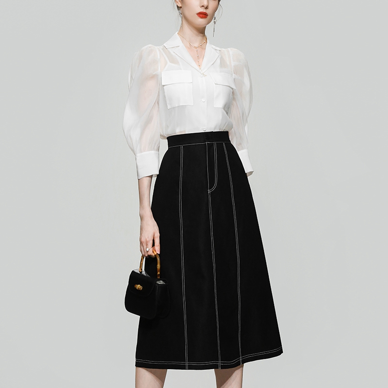 

Simple white organza shirt, black dress, small fresh suit, Clear