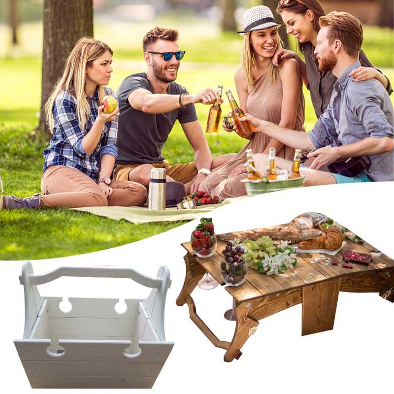 

Camp Furniture Folding Picnic Basket Table Outdoor With Wine Glass Holder Portable Fruit Snack For Beach Camping
