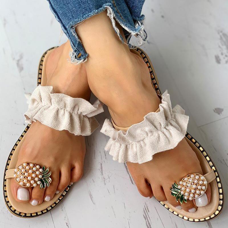 

2021Women Pineapple Sandals Pearl Spilt Toe Slip On Flip Flops Summer Beach Slides Casual Shoes Slipper 35-43 Big Size, Black