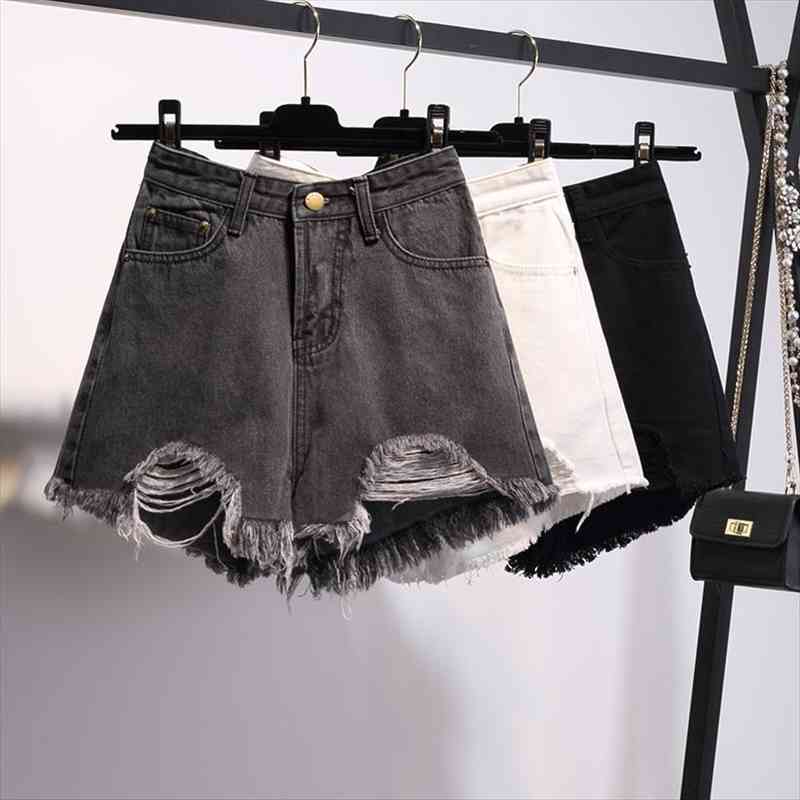 

hole raw edge denim women short summer fashion street casual breathable loose thin high waist female jeans, White;black