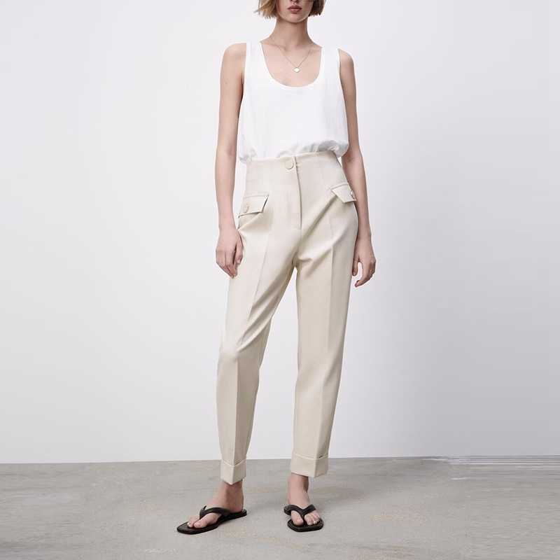 

Casual Office Lady Trousers High Waist Slim Pants For Women Buttons Zipper Solid Color Pencil 210525, Beige