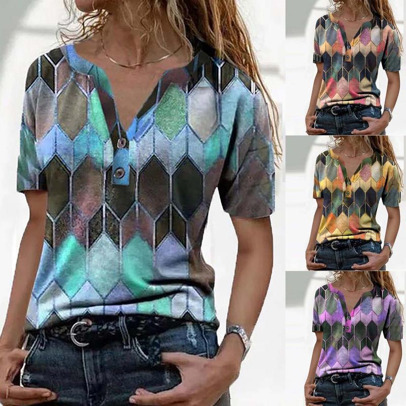 

Women's Blouses & Shirts Plaid Printed T-Shirt V Neck Casual Loose Short Sleeve Tops 2021 Summer Fashion Sexy Plus Size Clothing Women Shirt, White