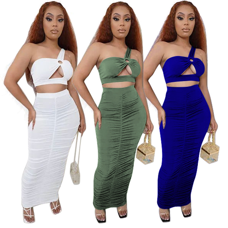 

Summer Women Two Pieces Sets 2021 Sexy Plain Dress Set Skirt With Hollow One Shoulder Pleated Solid, White