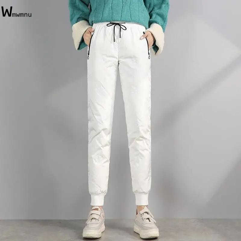 

Women' Pants & Capris Snow Wear Warm Puffer Duck Down Casual Sweet Slim High Waist Bean Feet Elegant Thicken Cotton Sweartpants Joggers, White