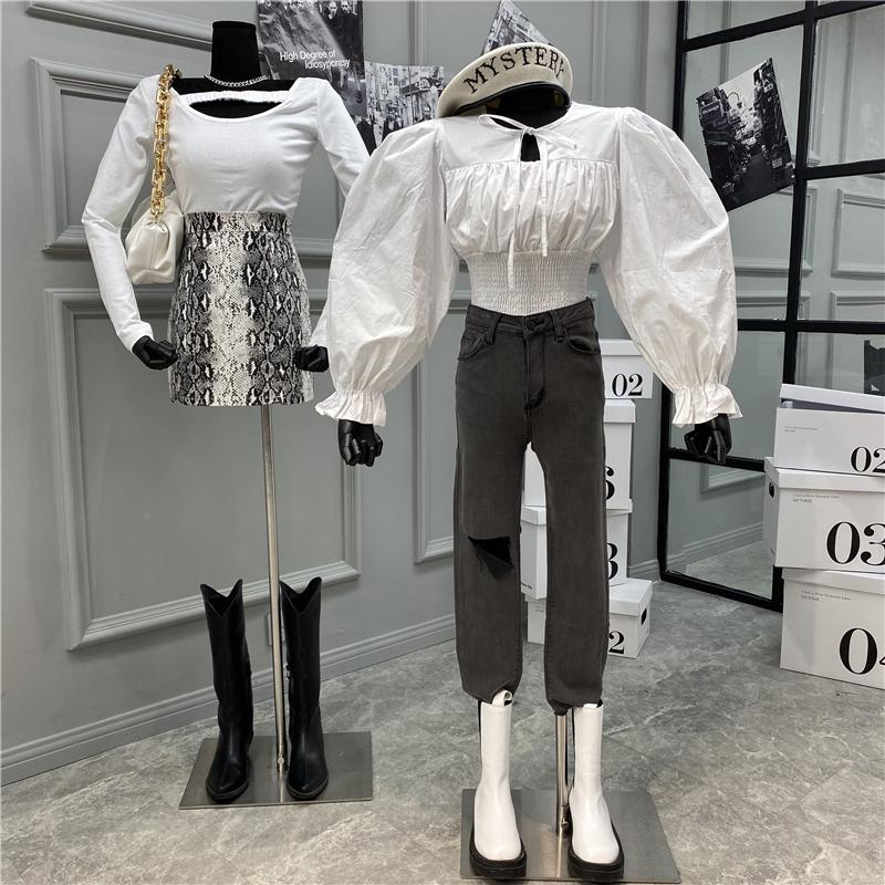 

Early Autumn Solid-color Long-sleeve Lacing Blouse For Women With A Feeling Of Puff Sleeves Elasticized Waist Short Blo Women's Blouses & Sh, Black