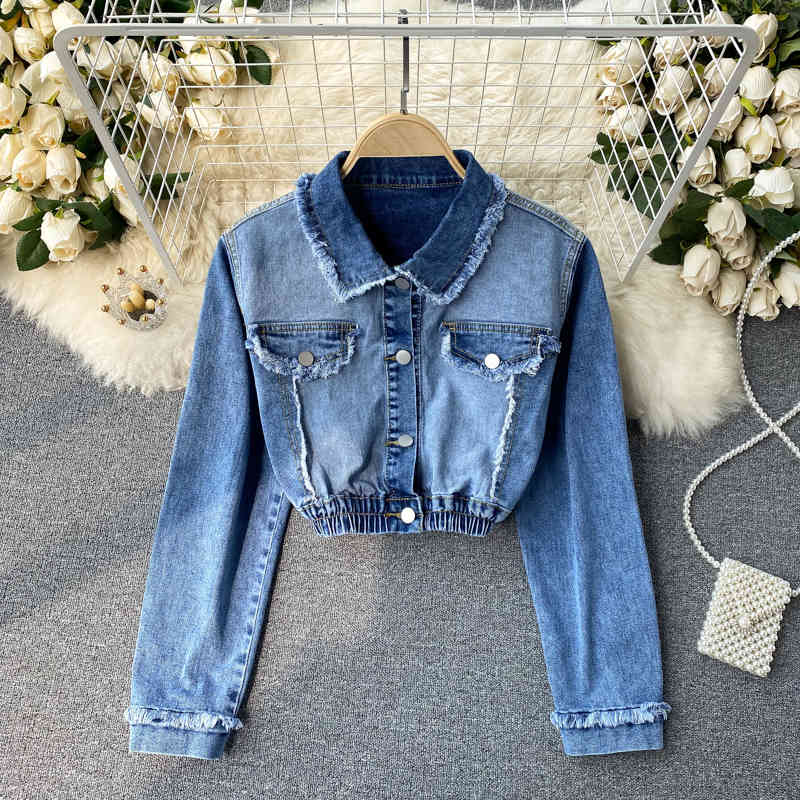 

Women Gradient Long Sleeve Waist Denim Coat Turn-down Collar Short Slim Fashion Spring Summer 11B587 210525, Blue