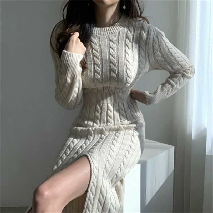 

Split Sweater Dress Winter Clothe Knitted Jumper Dresses Woman Autumn Warm Casual Pollover Solid Thick Korean 211109, Camel