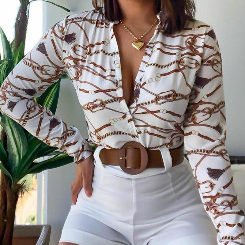 

Women Printing Casual Long Sleeve Blouses Classic Turn-Down Collar Dot Shirts Buttons Design Sexy Slim Fit Tops Plus Size Blusa 2XL, White