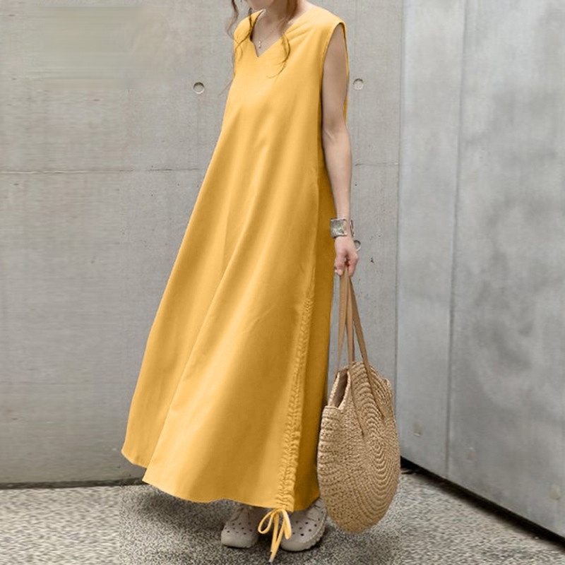 

Plus Size Summer Cotton Tank Dress Women's Solid Soft Beach Maxi es Women V-neck Loose Baggy Draw String 210603, Black