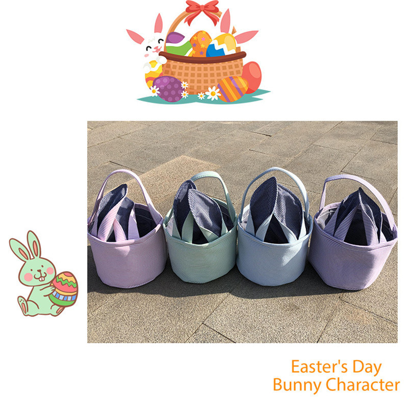 

Seersucker Striped Basket Favor Easter Rabbit Ears Tote Bag Easters Eggs Hunt Bucket Candy Gift Handbag