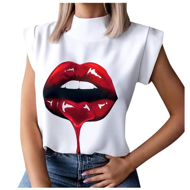 

Women's T-Shirt Retro Shirts Casual Sequins Red Lip Short Sleeve T-shirts 2021 Vintage Creativity Zipper Lips Drop Ship