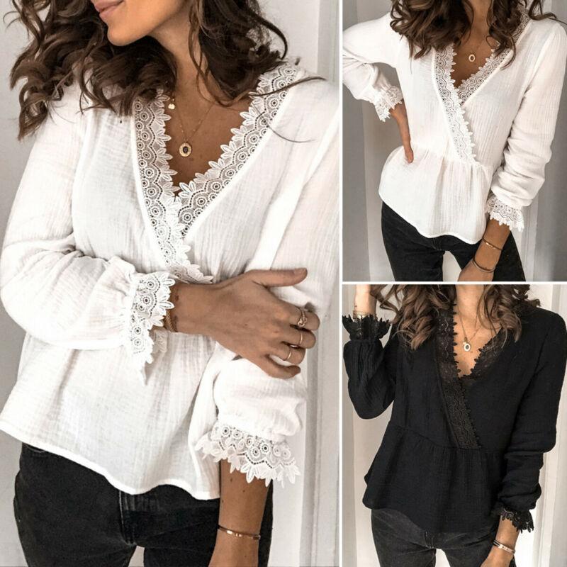 

Spring Womens Female Long Sleeve V-neck Tops Lace Casual Solid Loose Basic Blouse Shirt Tee Clothing Costume Women's Blouses & Shirts, White