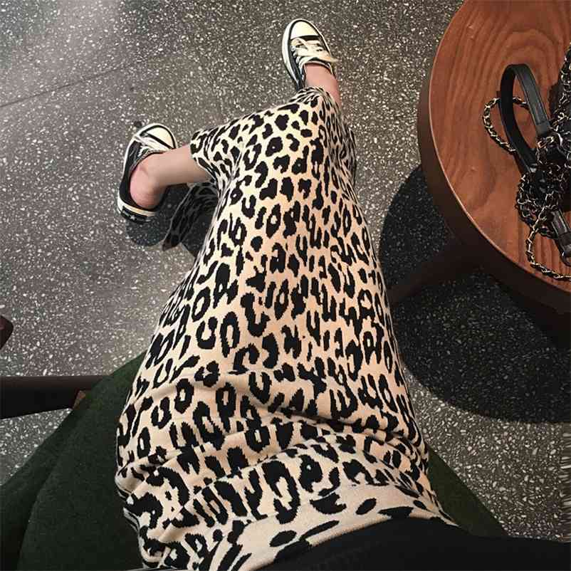 

early spring long slit knitted leopard skirt women high waist 210525, Khaki
