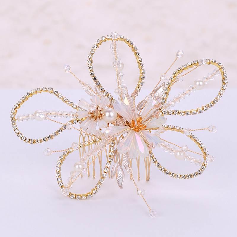 

Wedding Jewelry Sets Golden Set Crystal Hair Comb + Earrings Hand-woven Bride Beautiful Beads Accessories Clips, Slivery;golden